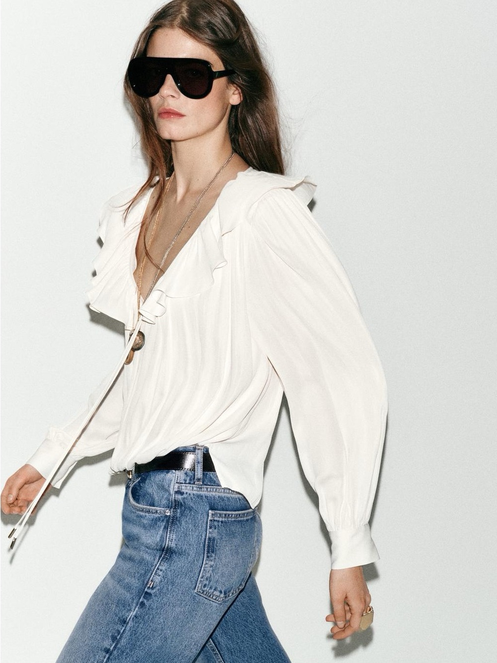 Zara Off-White Ruffle Tie-Neck Blouse